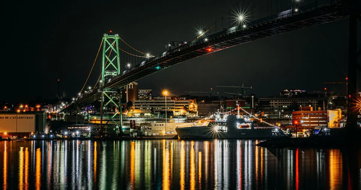 No credit check loans Nova Scotia - the Macdonald Bridge lit up over Halifax harbour at night